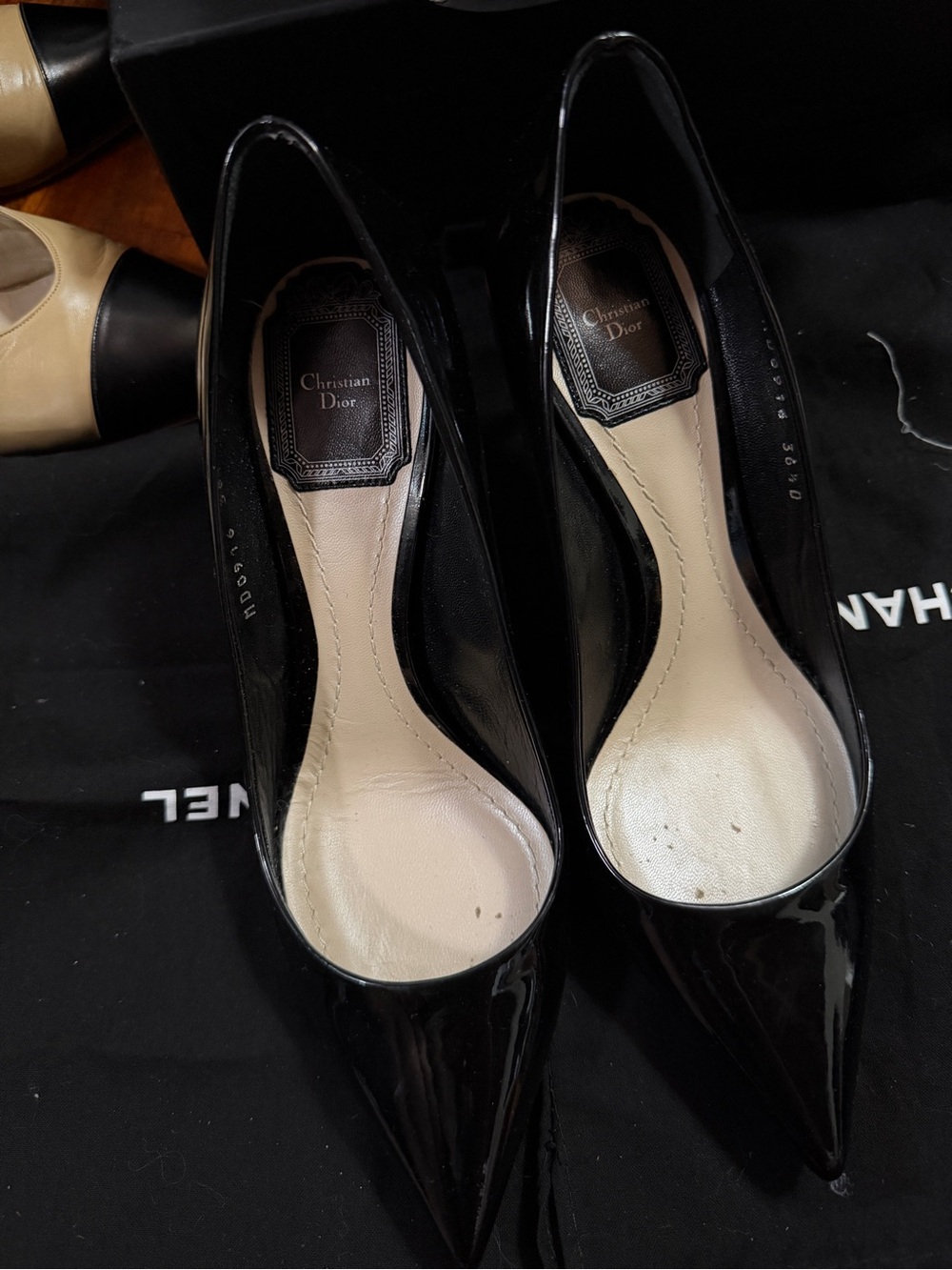 Dior Black Patent Pointed-Toe Pumps with Cream Insole